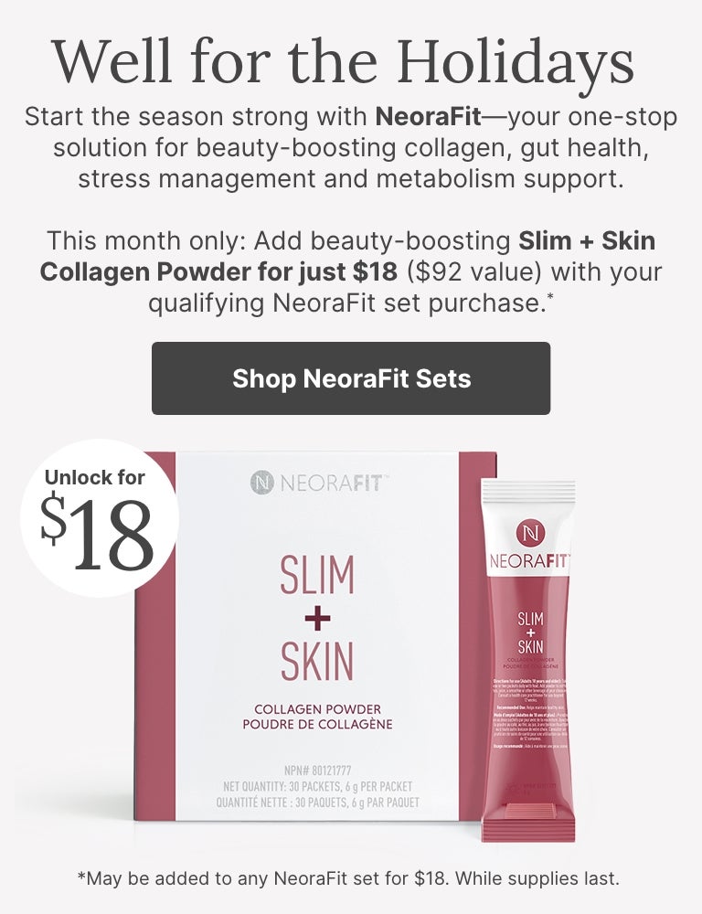 Holiday wellness promotion with a NeoraFit Plant-Based Protein Powder bag shown with a filled shaker bottle. Limited-time $15 offer ($83 value) when purchased with qualifying NeoraFit sets.